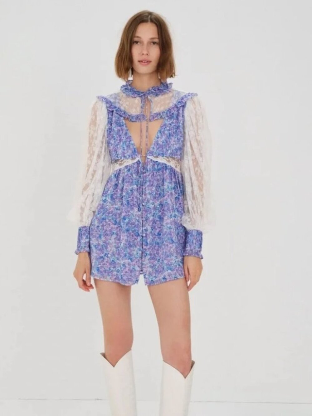 For Love & Lemons Floral Lace Sleeve Plunge Front Mini Dress NWT